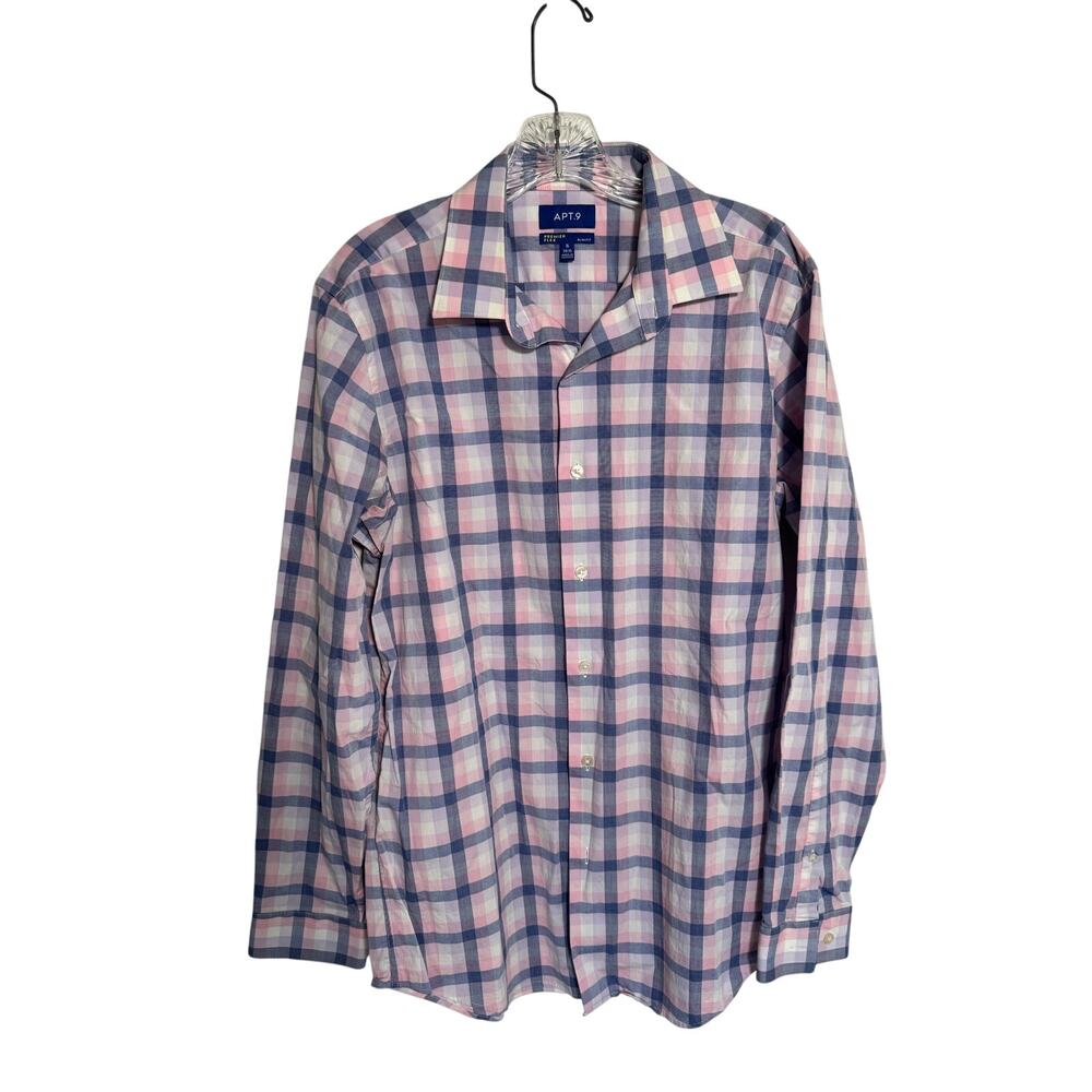 Apt. 9 Mens Button Down Tech Shirt Pink Blue Plaid Size 16 34/35 Slim Fit